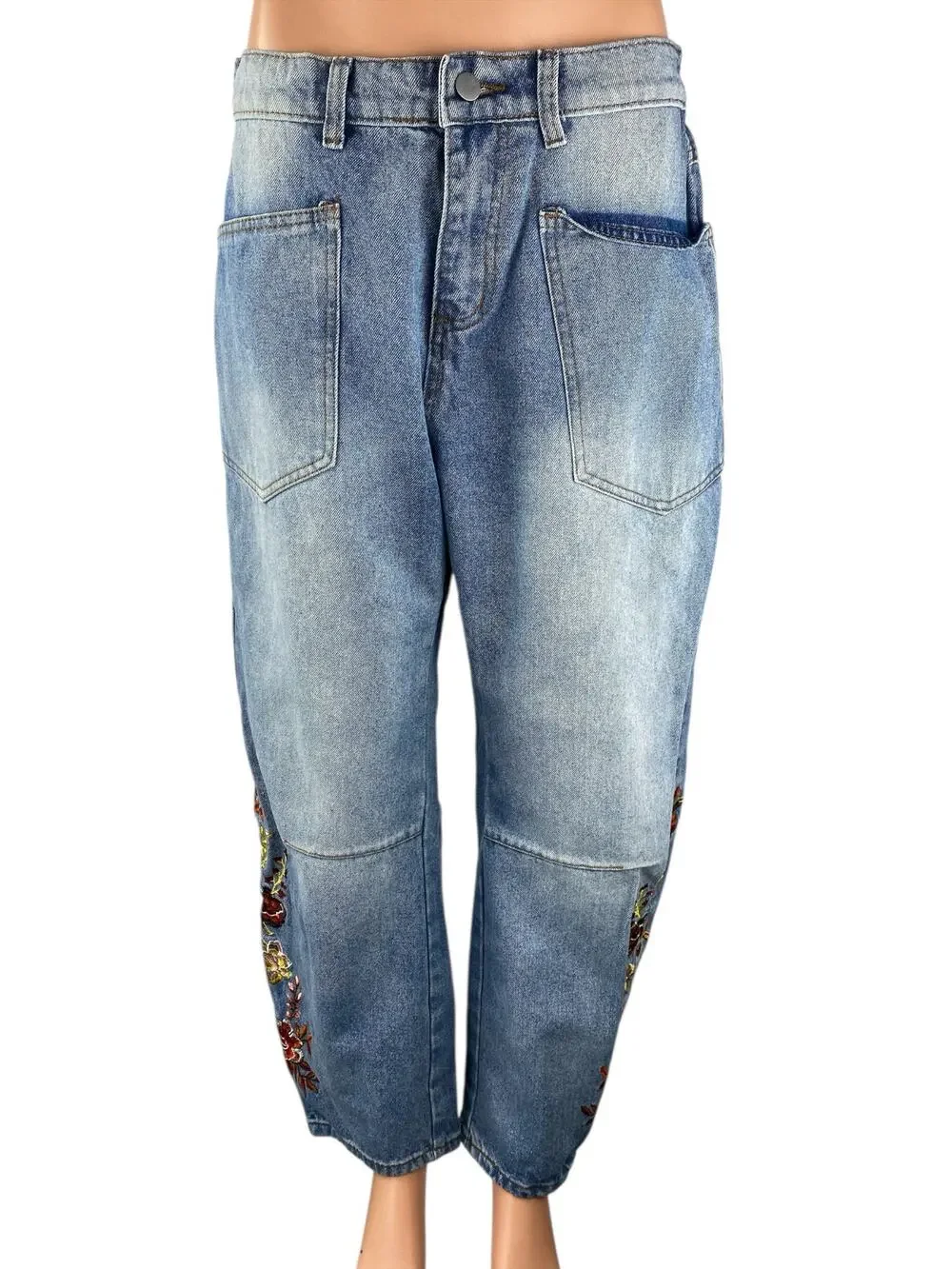 Women's Blue High Waisted Floral Embroidered Welt Pocket Barrel Denim Jeans Sz L